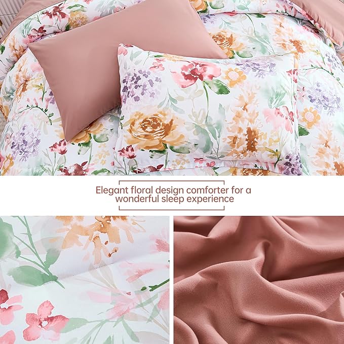Luxudecor Floral Comforter Set Queen Size 7 Pieces Bed in a Bag, Dusty Rose Pink Flower Watercolor Bed Set, Soft Comforter with Sheet Set 90"x90"