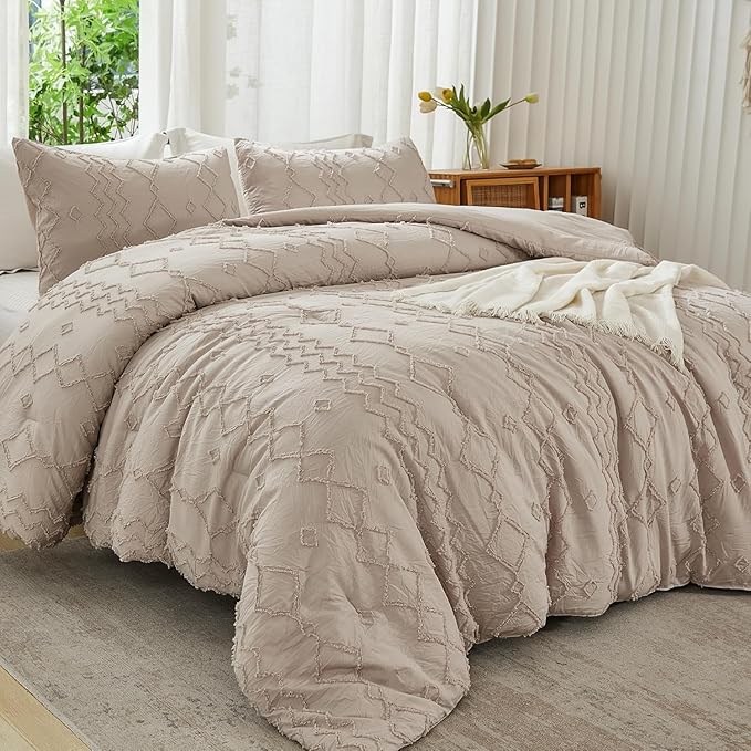 Andency Khaki Tufted Comforter Set Full(79x90Inch), 3 Pieces(1 Tufts Comforter, 2 Pillowcases) Boho Textured Farmhouse Bed, Microfiber Down Alternative Geometric Tan Bedding Set