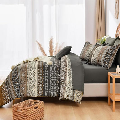 Cottolester Boho Comforter Set Full Size 8 Pieces,Brown Black Bohemian Comforter Paisley Striped Bed in A Bag,Soft Microfiber Bedding Set for All Season