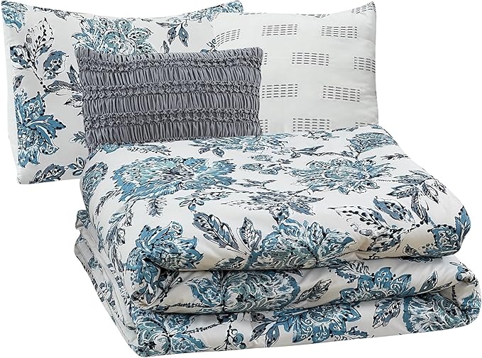 Modern Threads 5-Piece Printed Comforter Set, Athenas King in White and Teal – Soft Comforter, 2 Pillow Shams, and 2 Decorative Pillows
