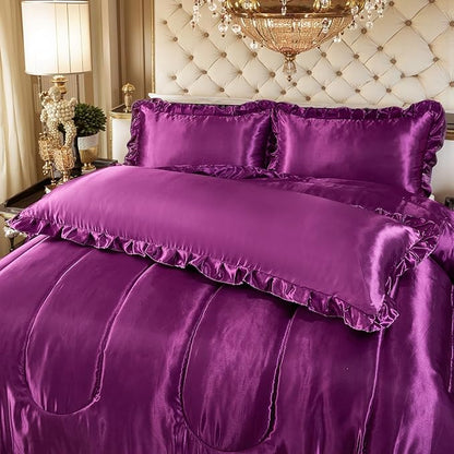 Purple King Comforter Silk Like Bedding 4 Pcs Hotel Soft Polyester Satin Bed Set Luxury Silky Body Pillow Cover Ruffle Home Decor