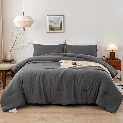 Ultra-Soft Full Size Comforter Sets - Cozy Polycotton Fabric - 1 Comfortable Down Alternative Comforter & 2 Pillowcase - All Season Lightweight but Warm Comfy Bed Blanket Quilt Dark Grey