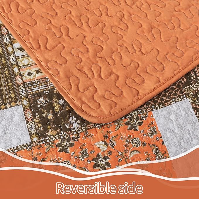 BEDIFANY Farmhouse Cotton Quilts Queen Size for Fall - Lightweight Patchwork Autumn Bedspread Set for Bed Coverlet - Highly-Woven Soft Reversible Bed Spread for All Seasons (Floral Orange) 3 Pieces