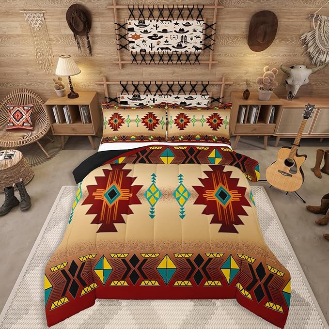 Erosebridal Western Aztec Comforter Set for Boys, Native Tribal Ethnic Bedding Set Toddler Size Farmhouse Boho Geometric Quilt Southwestern Ethnic American Native Duvet Insert for Adult Men, Red