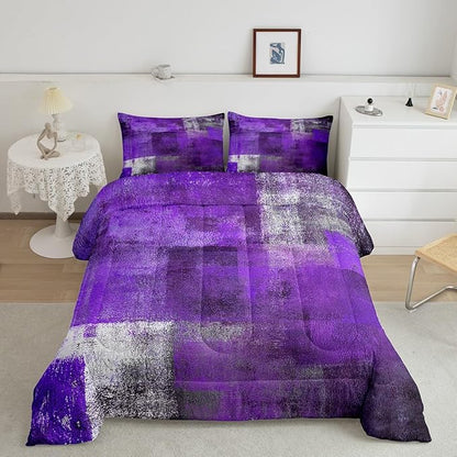 Oil Painting Comforter Set for Kids Boys Girls,Purple Grey Bedding Set,Watercolor Ombre Bedding Comforter Sets,Contemporary Abstract Artwork Duvet Insert with 2 Pillowcases Bedroom Decor,Full