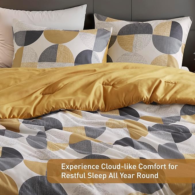 Stylish Three-Tone Printed Twin Size Comforter Set, 2 Pieces Ultra-Soft Microfiber Bedding Set, Warm and Cozy Comforter for All Seasons, Mustard Yellow & Grey