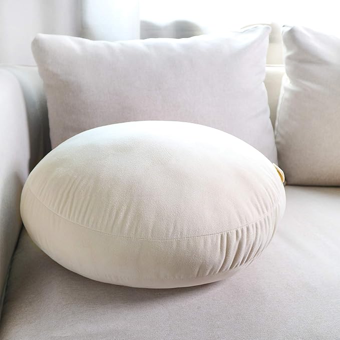 Round Throw Pillows Down-Like Polyester Filling Super Soft Pillow Ultra Fluffy Feather-Like Touching Home Decor Circle Round Floor Pillow for Couch Bed Sofa, 1 Piece (18x18 Inches, Beige)