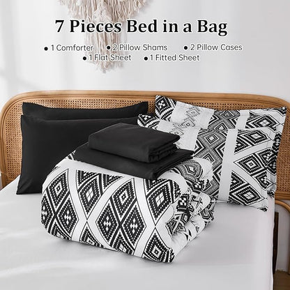 Luxudecor Black Comforter Set King Size 7 Pieces,Boho Aztec Comforter with Sheet Set,Geometric Striped Pattern Bed in a Bag,Soft Microfiber Bed Set 104"x90"