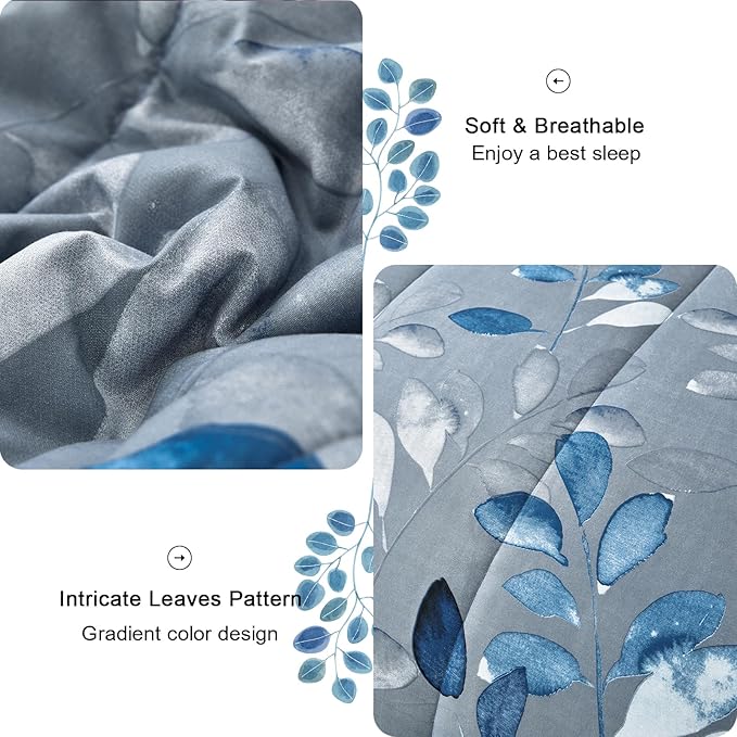 Anibedding Blue Comforter Set California King Size 7 Piece Navy Botanical Gradient Leaves Ultra Soft Lightweight Reversible Microfiber Bedding Comforter Set for All Season