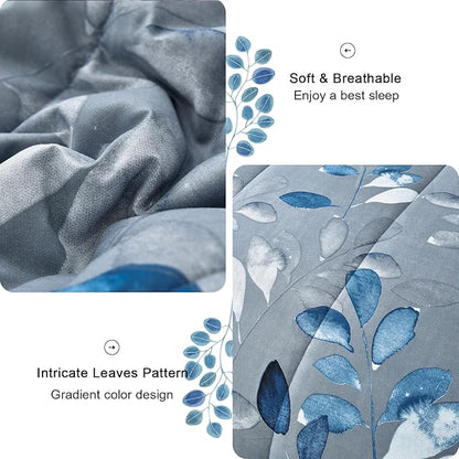 Blue Comforter Set Full Size 7 Piece Botanical Leaves Gradient Bed in a Bag Ultra Soft Microfiber Down Alternative Bedding Set Lightweight Reversible Bed Comforter Set for All Season 78" x 90"