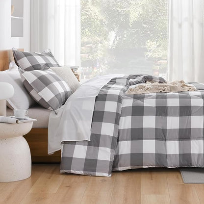 Andency Plaid Comforter King(104x90Inch), Gray White Checkered Gingham Buffalo Bed Set for Boys Teens, Lightweight Bedding, 3 Pieces(1 Comforter & 2 Pillowcases)
