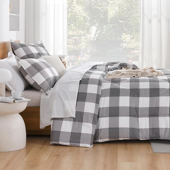 Andency Plaid Comforter Full(79x90Inch), Gray White Checkered Gingham Buffalo Bed Set for Boys Teens, Lightweight Bedding, 3 Pieces(1 Comforter & 2 Pillowcases)