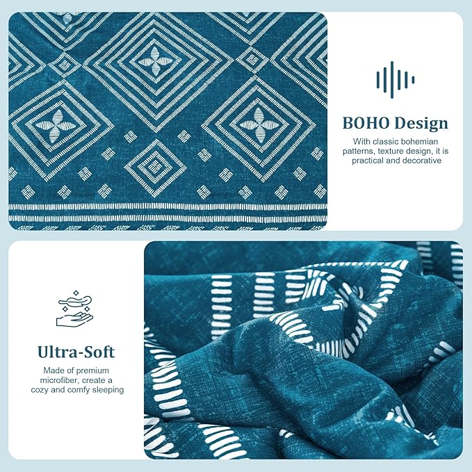 Yiran Teal Blue Comforter Set Queen Size, 7 Piece Boho Aztec Bedding Set, Geometric Bed in a Bag Queen, Soft Microfiber Bohemian Striped Complete Bedding Set with Sheets for All Season