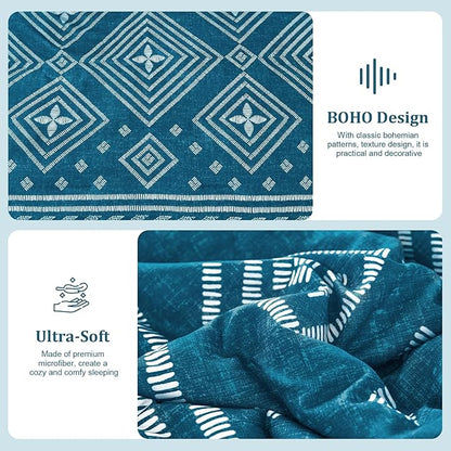 Yiran Teal Blue Comforter Set Queen Size, 7 Piece Boho Aztec Bedding Set, Geometric Bed in a Bag Queen, Soft Microfiber Bohemian Striped Complete Bedding Set with Sheets for All Season