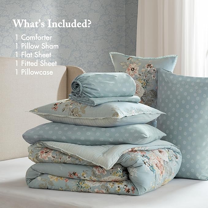 Madison Park Essentials Floral Comforter Set Twin XL Size, Vintage Flower Bedding Set with Sheet Set, 5 Pieces Bed in a Bag with Reversible Botanical Comforter, Pillowcases & Shams, Heather, Soft Blue