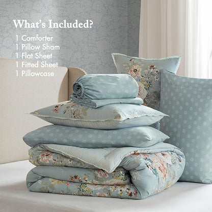 Madison Park Essentials Floral Comforter Set Twin XL Size, Vintage Flower Bedding Set with Sheet Set, 5 Pieces Bed in a Bag with Reversible Botanical Comforter, Pillowcases & Shams, Heather, Soft Blue