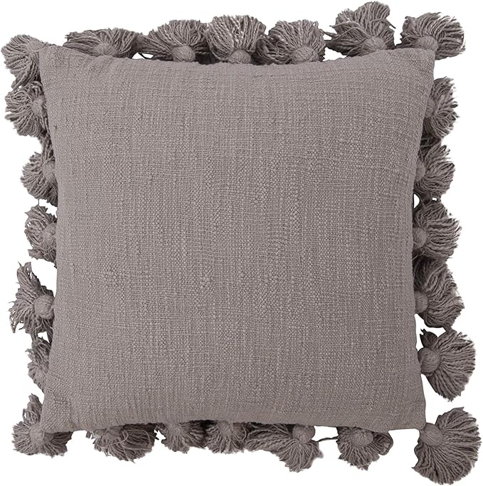 Grey Square Cotton Pillow with Tassels