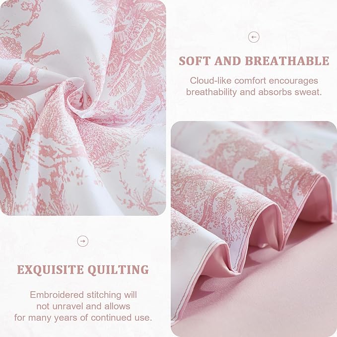 DJY King Size Comforter Set, 7 Pieces Bed in a Bag King Pink Botanical Comforters with Sheets Elegant Plants Print Christmas Soft Microfiber Reversible Complete Bedding Sets for All Season