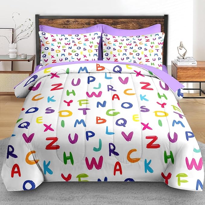 Comforter Set Queen Size, Kids Alphabet 7 Pcs Bedding for Kids and Adults, Multicolored English Preschool Bed Sheet Sets with Fitted Sheet 2 Pillowcases & 2 Shams for Bedroom Bed Decor