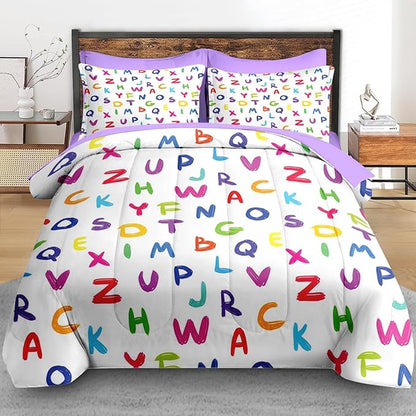 Comforter Set Queen Size, Kids Alphabet 7 Pcs Bedding for Kids and Adults, Multicolored English Preschool Bed Sheet Sets with Fitted Sheet 2 Pillowcases & 2 Shams for Bedroom Bed Decor