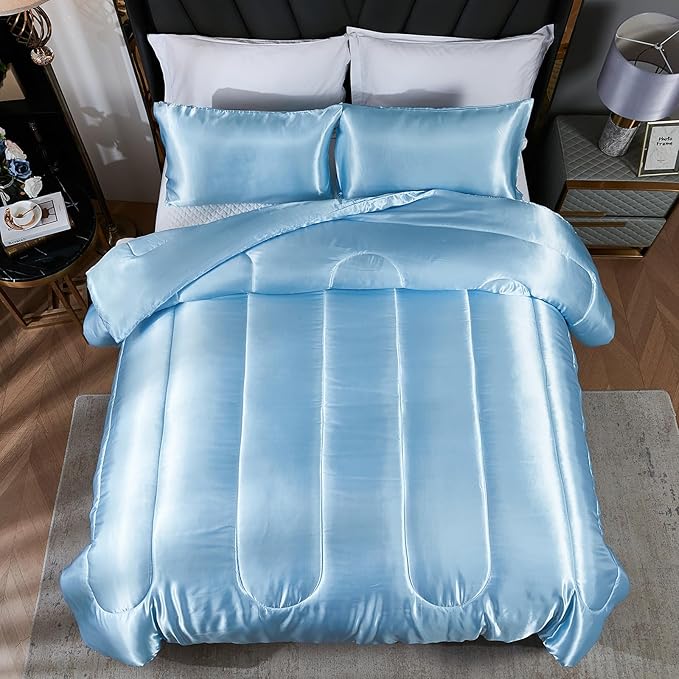 Satin Comforter Set Queen Silk Like Blue Bedding Set Luxury Hotel Silky Bed Home Deocr Sexy Silky Down Comforter Baby Blue Bed Set