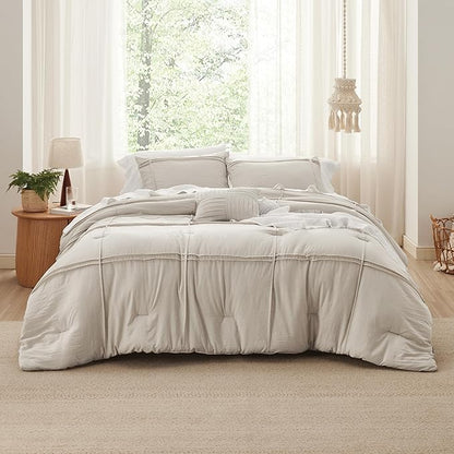 Bedsure King Comforter Set - 4 Pieces Grid Pleat Bed Set, Beige Boho Bedding for All Season, 1 Soft Comforter, 2 Pillowcases, 1 Decorative Pillow