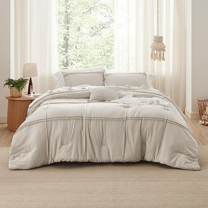 Bedsure Beige Queen Comforter Set - 4 Pieces Grid Pleated Bed Set, Down Alternative Bedding Sets for All Season, 1 Comforter, 2 Pillowcases, 1 Decorative Pillow