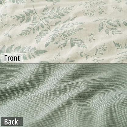 Botanical Cotton Comforter King Size - Dusty Green Comforter Printed with Luxrious Greyish-Green Ferns on Beige,Reversible Lightweight Bedding Sets 3Pcs(104"×90")