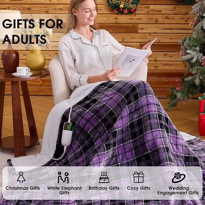 Heated Electric Blanket Queen Size, 84X90 Heating Blanket Queen with Dual Control&10 Heats Levels&Timer for Bed,Purple Plaid Sherpa Soft Blankets Warmer Gift for Grandma Women Adults, Washable