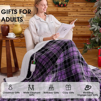 Heated Electric Blanket Queen Size, 84X90 Heating Blanket Queen with Dual Control&10 Heats Levels&Timer for Bed,Purple Plaid Sherpa Soft Blankets Warmer Gift for Grandma Women Adults, Washable