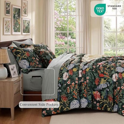 CASAAGUSTO King Size Comforter Set-7 Pieces Green Botanical Floral Bedding, Flowers Printed Design King Bed in a Bag with Botanical Flowers Comforter, Sheets, Pillowcases & Shams