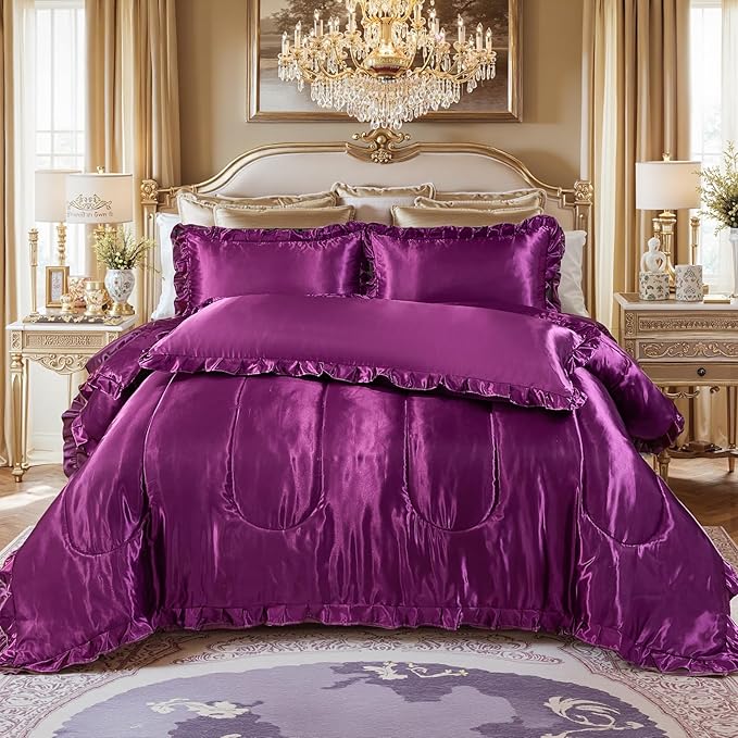 Purple King Comforter Silk Like Bedding 4 Pcs Hotel Soft Polyester Satin Bed Set Luxury Silky Body Pillow Cover Ruffle Home Decor