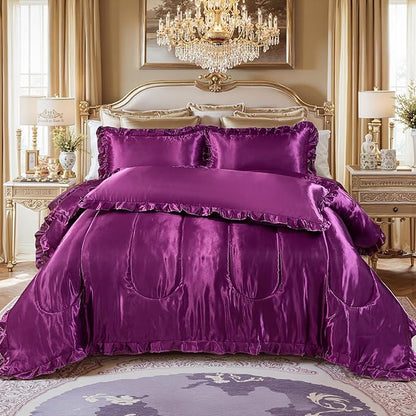 Purple Queen Comforter Silk Like Bedding 4 Pcs Hotel Soft Polyester Satin Bed Set Luxury Silky Body Pillow Cover Ruffle Home Decor