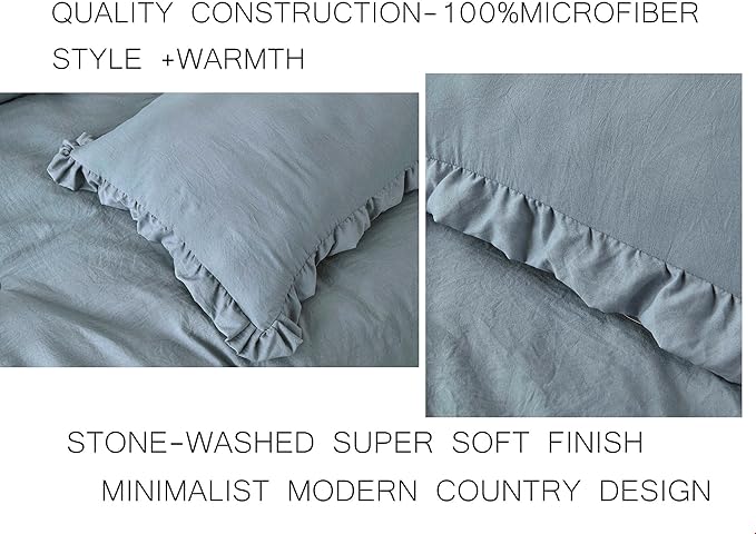 Chezmoi Collection Nora Dusty Blue Comforter Set Full Size 3-Piece Fluffy Soft Stone-Washed Ruffled Shabby Chic Bedding for All Season