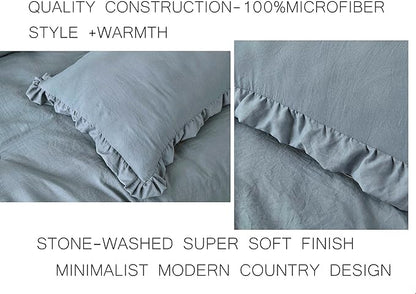 Chezmoi Collection Nora Dusty Blue Comforter Set Twin Size 2-Piece Lightweight Soft Stone-Washed Ruffled Shabby Chic Bedding for All Season