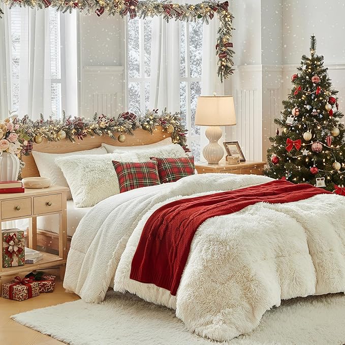 Faux Fur Shaggy Comforter Set Queen 3 Pieces - 1 Cream White Comforter Set with Sherpa and 2 Pillowcases, Ultra Soft and Easy Care Luxury Plush Shaggy Super Soft and Warm Beige Duvet Set