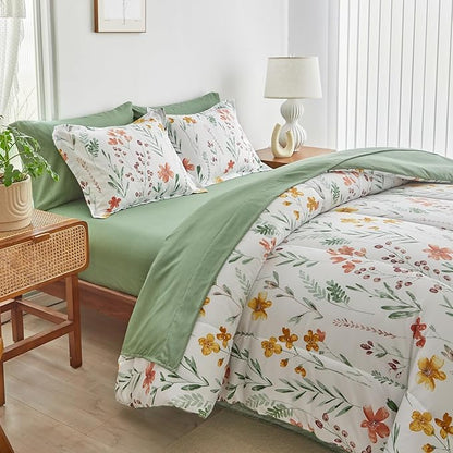 AIKASY Bed in a Bag 7 Pieces King Size - Floral Print - Soft Microfiber, Reversible Bed Comforter Set (1 Comforter, 2 Pillow Shams, 1 Flat Sheet, 1 Fitted Sheet, 2 Pillowcases)（White, King）