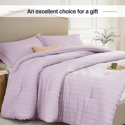 King Comforter Set Light Purple,3PCS Seersucker Lightweight Bedding Comforter for All Season, King Size(104''×90'' Comforter & 2 Pillowcases)
