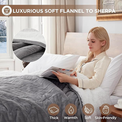 Westinghouse Heated Blanket Full Size, Soft Flannel to Sherpa Electric Blanket with 10 Heating Levels, 12 Hours Auto Off, Fast Heating Warming Blanket, Machine Washable, 72x84 Inch, Light Grey