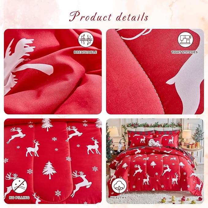 Christmas Bed in a Bag 7 Pcs King Size, White Deer Snowflake and Xmas Tree on Red Bedding Comforter Set Warm for Winter(1 Comforter, 1 Flat Sheet, 1 Fitted Sheet, 2 Pillow Shams, 2 Pillowcases)