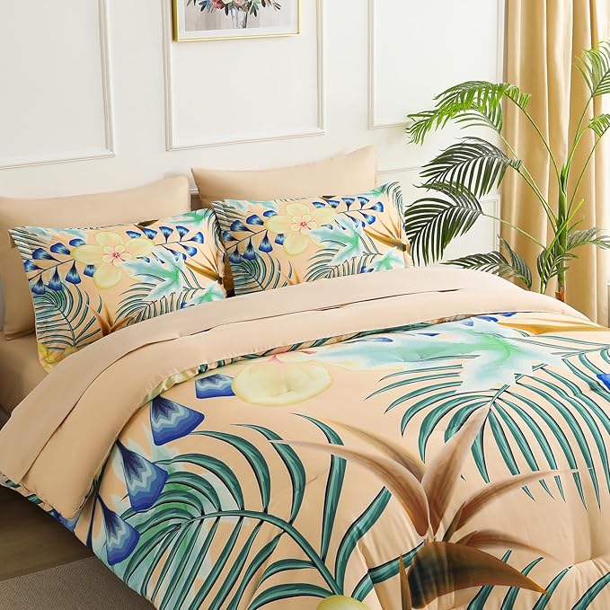 Yogeneg 7 Piece Bed in a Bag King Size Comforter Set Khaki Bedding Set,Yellow Floral Green Leaves Pattern Reversible Design,Soft Microfiber Comforter with Sheet Set,All Season(Khaki,King)
