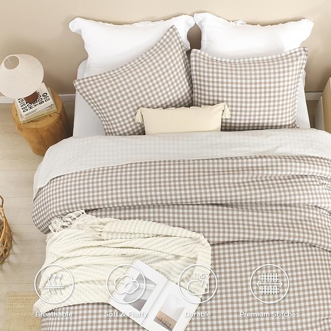 Andency Tan Gingham Comforter Set Queen(90x90Inch), Brown Checkered Grid Plaid Buffalo Bed Set for Girls Boys Kids Teens, 3 Pieces Lightweight Microfiber Geometric Preppy Bedding