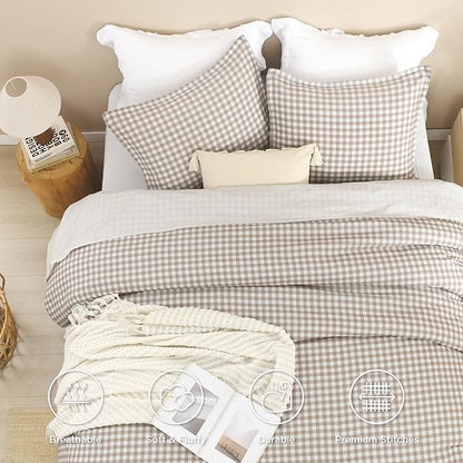 Andency Tan Checkered Comforter King(104x90Inch), Plaid Gingham Buffalo Grid Bedding Comforter Sets for Boys Kids Teens, 3 Pieces Lightweight Microfiber Geometric Preppy Bed Set