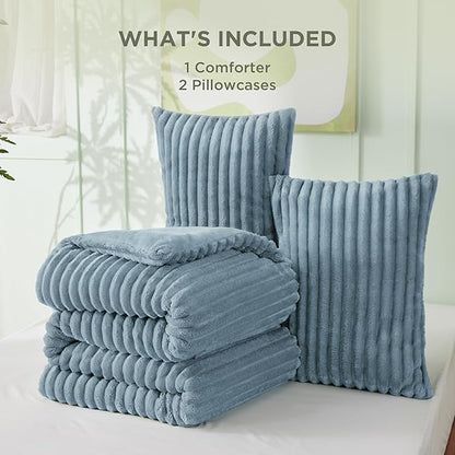 Bedsure Comforter Full Size - GentleSoft™ 3 Pieces Fluffy Double-Side Fleece Comforter Set, Cozy Striped Room Decor Aesthetic, Luxury Mineral Blue Full Size Bedding with 2 Pillowcases, 82x86 Inches
