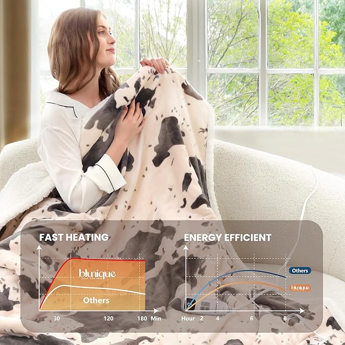 Cow Print Heated Blanket Twin-Heating Electric Blanket Twin with 10 Heat Levels & 10 Hours Auto-Off, Cozy Soft Fleece Sherpa, Washable, 62 x 84 Inche Cow Print Light Coral