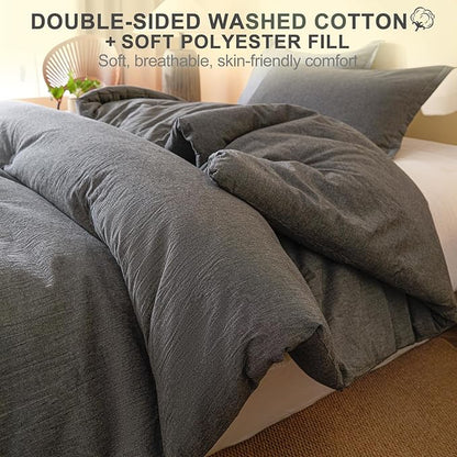 100% Cotton Comforter Set Twin Size – Reversible Yarn-Dyed Design, Soft Washed Cotton on Both Sides, Lightweight All-Season Bedding, Machine Washable(Black Grey, 68”x90”)