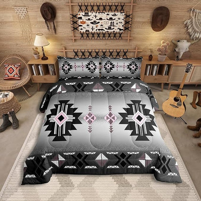 Erosebridal Pink Western Comforter Set Toddler Size, Southwestern Aztec Bedding Set for Boys Teens Men Bedroom, Exotic American Native Bedding Comforter Sets Vintage Bohemian Geometric Quilt, Grey