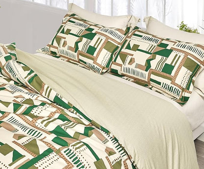 SLEEPBELLA Comforter King Size, 600 Thread Count Cotton White Printed with Green & Brown Geometric Comforter Set, Down Alternative Bedding Set 3Pcs(King, Green Geometric)