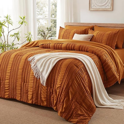 Burnt Orange Tufted Textured Comforter Set King Size, 7 Piece Bed in a Bag，Shabby Chic Boho Bedding for Bedroom Comforter，All Season Soft Microfiber Ruffle Comforter Set with Pillow and Sheets