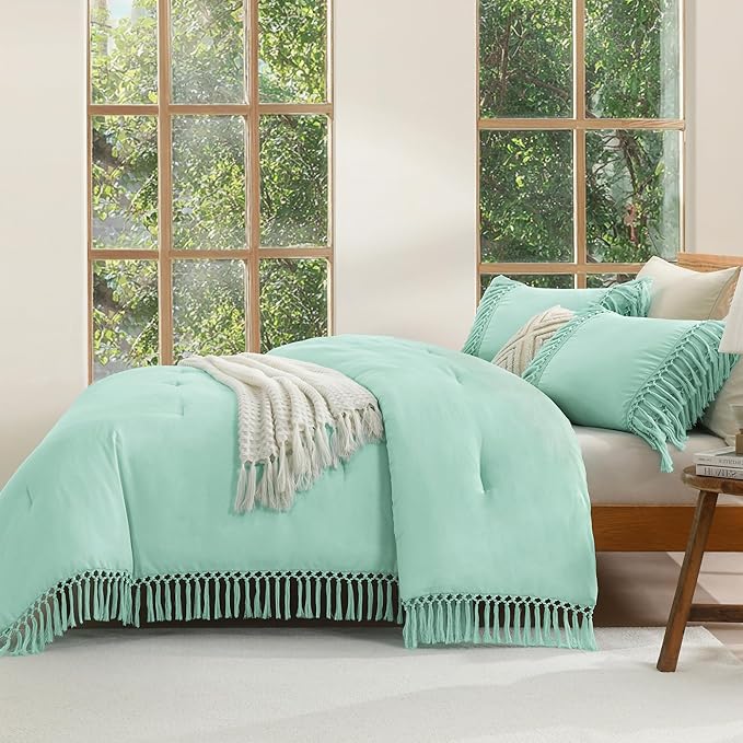 Andency Mint Comforter Set California King, 3 Pieces Boho Cal King Tassel Lightweight Soft Bedding Comforter Sets, Oversized Bed Set (104x96In Comforter & 2 Pillowcases)